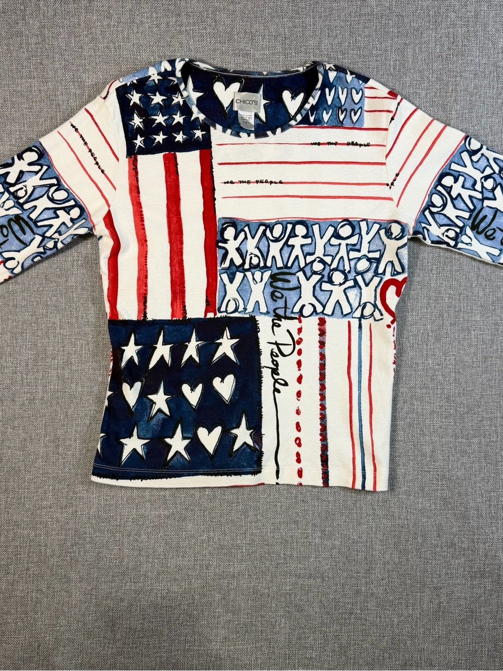 Chico's Red White and Blue Patchwork Graphic Long-Sleeve Top